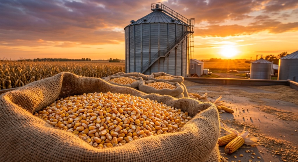 Saca de milho em frente a um silo ao pôr do sol