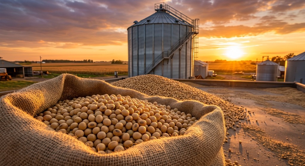 Saca de soja em frente a um silo ao pôr do sol
